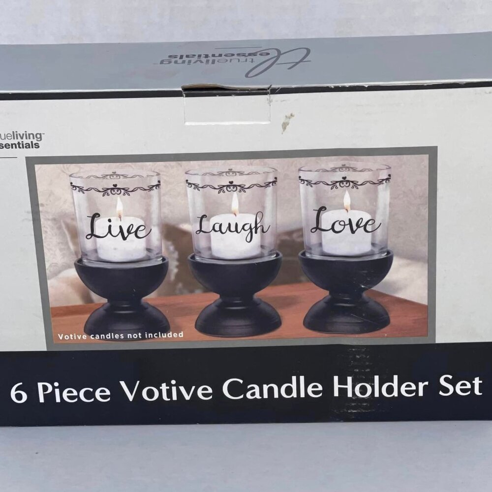 True Living Essentials 6 Piece Votive Candle Holder Set Live Laugh Love NIB
